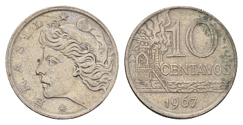Бразилия 10 сентаво 1967 год-тип KM 578.1 медно-никель 4563-353