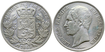 Бельгия 5 франков 1865 Леопольд I (1831-1865) KM 17 серебро 1066-20-62