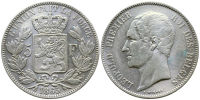 Бельгия 5 франков 1865 Леопольд I (1831-1865) KM 17 серебро 1066-20-62