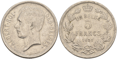 Бельгия 5 франков 1931 BELGES KM 97.1 никель 4185-611