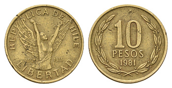 Чили 10 песо 1981 KM 218 латунь 4669-1042