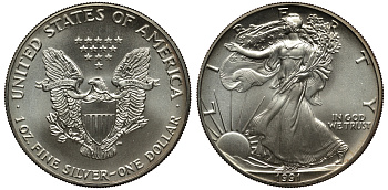 США 1 доллар 1991 шагающая свобода KM 273 серебро UNC 00-00