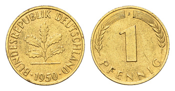 ФРГ 1 пфенниг 1950 J KM 105, J. 380 сталь плакированная золотом 4685-666