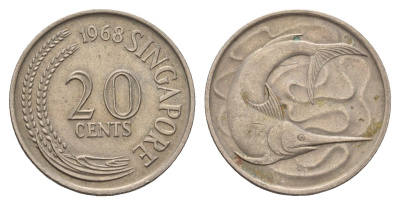 Сингапур 20 центов 1968 голубой марлин, тунец KM 4 медно-никель 4513-1245