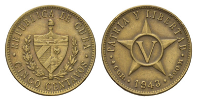 Куба 5 сентаво 1943 год-тип KM 11.3a латунь 270-1331