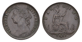 Великобритания 1 фартинг 1881 H, Виктория (1837-1901) KM 753, Spink 3959 бронза 603-1523