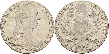 Австрия 1 талер 1780 SF, Мария Терезия, официальный рестрайк KM Т1 серебро 1067-3-13