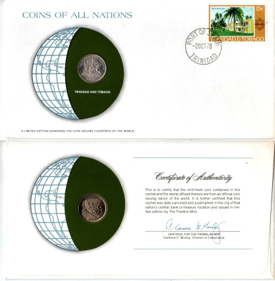 Тринидад и Тобаго 25 центов 1976 конверт с маркой первого дня гашения, Coins of Nations KM 32 медно-никель BU 4294-44-3
