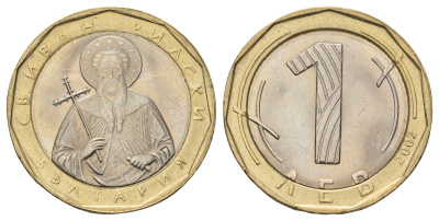 Болгария 1 лев 2002 святой Иоанн Рыльский KM 254 биметалл UNC 4670-1035