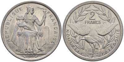 Французская Новая Каледония 2 франка 1977  KM 14 алюминий  UNC  4610-455