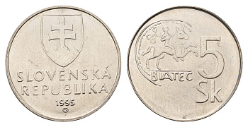 Словакия 5 крон 1995 KM 14 сталь плакированная никелем UNC 31-1054
