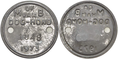 НИДЕРЛАНДЫ СОБАЧИЙ ЖЕТОН 1973 OF VAN DOG-HONG, №1048, ЖЕТОН ОБ УПЛАТЕ ГОДОВОГО НАЛОГА С ВЛАДЕЛЬЦЕВ СОБАК сталь 4517-1141