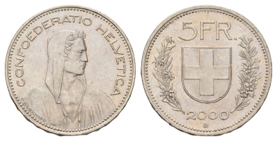 Швейцария 5 франков 2000 B KM 40a.4 медно-никель 3460-643