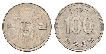 Южная Корея 100 вон 2006 Ли-Сунсин, корейский флотоводец KM 35 медно-никель 4638-1136