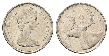 Канада 25 центов 1969 Елизавета II (1952-2022), олень KM 62b никель 4688-433