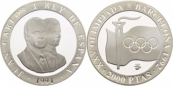 Испания 2000 песет 1991 XXV летние Олимпийские игры 1992 года в Барселоне, флаг, олимпийский огонь KM 887 серебро PROOF 00-00