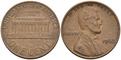 США 1 цент 1962 Линкольн KM 201 медь цинк 4115-832