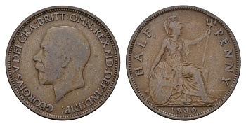 Великобритания 1/2 пенни 1930 Георг V (1910-1936) KM 837, Spink 4058 бронза 4546-1021