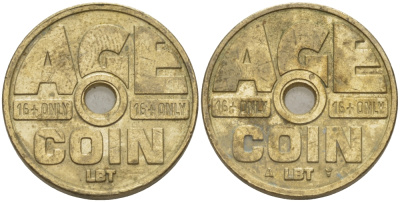БЕЛЬГИЯ ТАБАЧНЫЙ ЖЕТОН ND AGE COIN, 16+ ONLY, ДИАМЕТР 20,5 ММ., С ОТВЕСТИЕМ В ЦЕНТРЕ, ДИАМЕТР 20,5 ММ. желтый металл 28-734