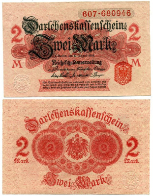 ГЕРМАНИЯ 2 МАРКИ 1914 РОЗОВАЯ БУМАГА, КРАСНАЯ ПЕЧАТЬ. СЕРИЯ 607 Pick 54, Rosenberg 52c бумага 7523-45-3