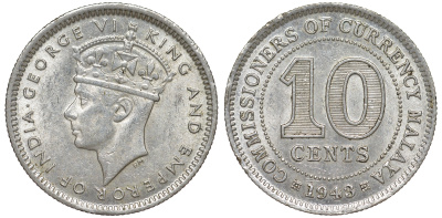 Британская Малайя 10 центов 1943 Георг VI (1937-1952) KM 4a серебро 53-234