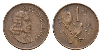 ЮАР 1 цент 1966 Ян ван Рибек (1619-1677), South Africa, легенда на африкаанс, капские воробьи KM 65.1 бронза 4690-1152