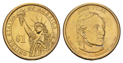 США 1 доллар 2009 D, Президент США - Джон Тайлер (1841-1845) KM 451 медь с марганцево-латунным покрытием UNC 4698-924
