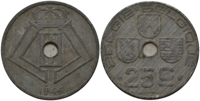 Бельгия 25 сантимов 1944 Belgie - Belgique, Леопольд III (1934-1947), германская оккупация, Вторая мировая война KM 132 цинк 4157-633
