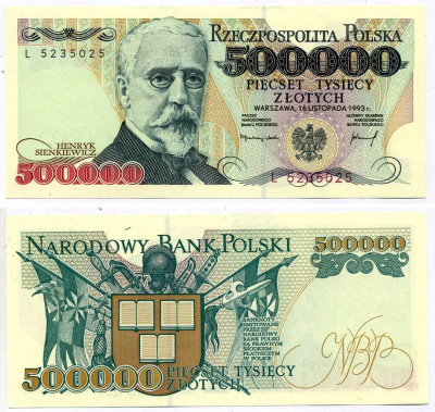 ПОЛЬША 500000 ЗЛОТЫХ 1993 16 НОЯБРЯ 1993, ГЕНРИК СЕНКЕВИЧ Pick 161а бумага UNC (ПРЕСС) 7218-11-1-1