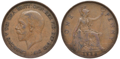 Великобритания 1 пенни 1934 Георг V (1910-1936) KM 838, Spink 4055 бронза 4123-1035
