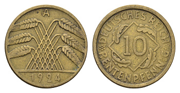 Германия 10 рентенпфеннигов 1924 A KM 33, J. 309 алюминиевая бронза 4684-1126