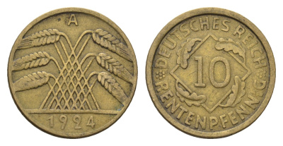 Германия 10 рентенпфеннигов 1924 A KM 33, J. 309 алюминиевая бронза 4684-1126