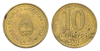 Аргентина 10 сентаво 2007 KM 107a сталь плакированная латунью 4679-815