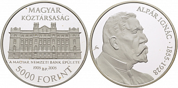 Венгрия 5000 форинтов 2005 Игнац Альпар, здание венгерского национального банка, тираж 3000 экземпляров KM 783 серебро PROOF 00-00