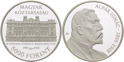 Венгрия 5000 форинтов 2005 Игнац Альпар, здание венгерского национального банка, тираж 3000 экземпляров KM 783 серебро PROOF 00-00