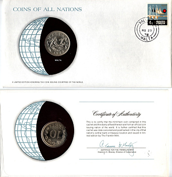 Мальта 10 центов 1972 конверт с маркой первого дня гашения, Coins of Nations KM 11 медно-никель UNC 4294-5-1