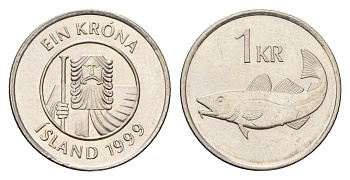 Исландия 1 крона 1999 треска KM 27a сталь плакированная никелем UNC 4687-847