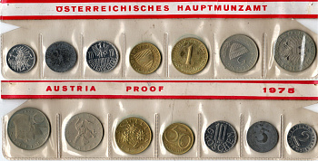 Австрия годовой набор из 7 монет (2, 5, 10 и 50 грошей; 1, 5 и 10 шиллингов) 1975 в упаковке монетного двора KM PS33 (2875, 2876, 2878, 2885, 2886, 2889a и 2918) PROOF 3-4-13-02