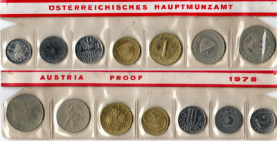 Австрия годовой набор из 7 монет (2, 5, 10 и 50 грошей; 1, 5 и 10 шиллингов) 1975 в упаковке монетного двора KM PS33 (2875, 2876, 2878, 2885, 2886, 2889a и 2918) PROOF 3-4-13-02