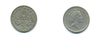 Великобритания 5 пенсов 1990 Елизавета II (1952-2022) KM 937b, Spink 4372 (D4) медно-никель 59-545