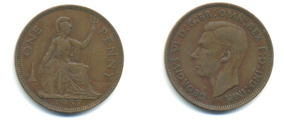 Великобритания 1 пенни 1937 Георг VI (1936-1952) KM 845, Spink 4114 бронза 89-125
