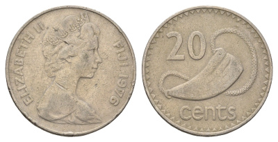 Фиджи 20 центов 1976 Елизавета II (1952-2022), китовый зуб KM 31 медно-никель 4698-1157