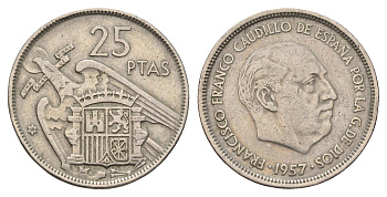 Испания 25 песет 1957 (59) Франсиско Франко (1939-1975) KM 787 медно-никель 4633-434
