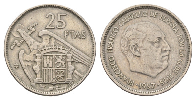 Испания 25 песет 1957 (59) Франсиско Франко (1939-1975) KM 787 медно-никель 4633-434