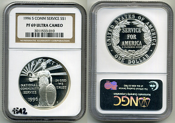 США 1 доллар 1996 S, коммунальный службы США, в слабе NGC PROOF 69 ULTRA CAMEO KM 275 серебро PROOF 00-00