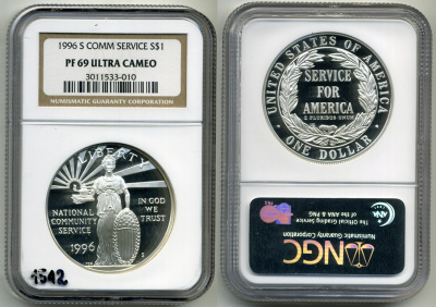 США 1 доллар 1996 S, коммунальный службы США, в слабе NGC PROOF 69 ULTRA CAMEO KM 275 серебро PROOF 00-00
