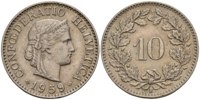 Швейцария 10 раппенов 1959 B KM 27 медно-никель 4189-353