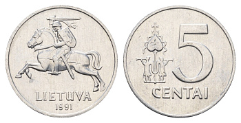 Литва 5 центов (сентов) 1991 год-тип KM 87 алюминий UNC 4688-932