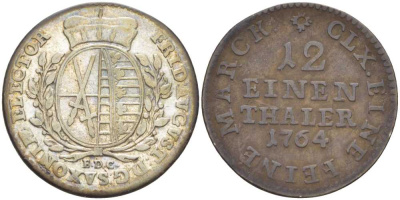 САКСОНИЯ 1/12 ТАЛЕРА 1764 EDC, ФРИДРИХ АВГУСТ III (1763-1806) KM 956 (C100) серебро 210-217
