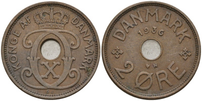 Дания 2 эре 1936 Кристиан X (1912-1947) KM 827 бронза 4147-519